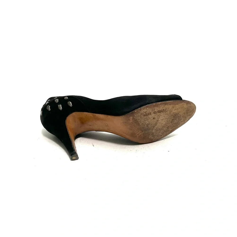 Vintage 1970s black suede peep toe studded heel stiletto pumps